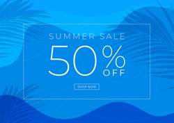 Summer sale 50% off banner template design. Swimming pool with palm leaves shadow top view background.