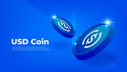 USD Coin or USDC coin banner. USD Coin digital stablecoin with crypto currency concept banner background.