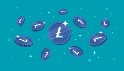 Litecoin (LTC) coins falling from the sky. LTC cryptocurrency concept banner background.