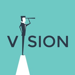 Vision concept vector illustration with business man looking through telescope from a cliff.