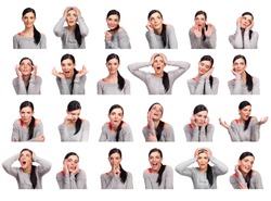 Young woman showing several expressions, isolated on white background.