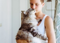 Moment joy, tenderness and love of teenager girl with domestic cat. teenage girl with short haircut holds fluffy gray big cat in arms, which purrs and fawns
