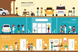 Medical Center, Clinic and Healthy Life flat hospital interior concept . Ambulance, Emergency, Laboratory. Web Vector Presentation Illustration