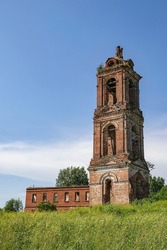 an old abandoned bell tower, the village of Khripeli, Kostroma province, Russia. The year of construction is 1820. Currently, the temple is abandoned.