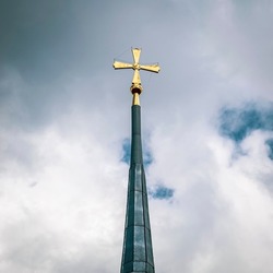the spire of the Orthodox bell tower, Korshunovo village, Kostroma region, Russia, built in 1800
