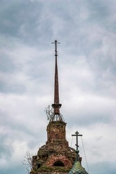 the spire of the Orthodox bell tower , the village of Shishkino, Kostroma region, Russia. The year of construction is 1746.