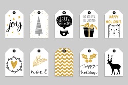 Collection of ten gold texture Christmas and New Year cute ready-to-use gift tags. Set of 10 printable hand drawn holiday label in black white and gold. Vector seasonal badge design