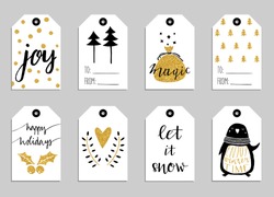 Collection of eight gold texture Christmas and New Year cute ready-to-use gift tags. Set of 8 printable hand drawn holiday label in black white and gold. Vector seasonal badge design
