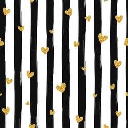 Gold glittering heart confetti seamless pattern on striped background