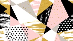 Abstract hand drawn geometric seamless pattern  or background with glitter, sharpen textures, brush painted elements. Poster, card, textile, wallpaper template. Gold, pink, black and white colors. 