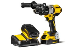 Yellow-black cordless Combi Drill Driver Hammer Drill and extra battery with charger isolated on white background.
