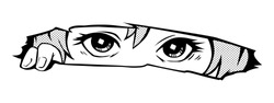 Manga eyes looking from a paper tear. Drawing of black and white anime girl peeps out
