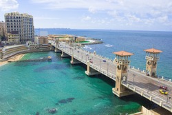 Stanley Bridge in a Beautiful Sunny Winter day with the Background of the Mediterranean Sea and the Streets and Beautiful beaches of Alexandria, Egypt