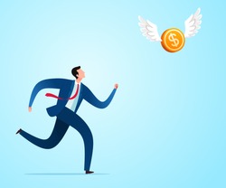 Run to chase flying money in the sky. Business concept illustration.