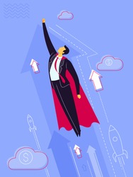 Businessman wearing a cape and taking off to high sky. Business concept vector illustration.