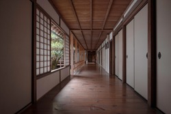 Corridor of Japanese traditional interior with shoji dividers in Honen-in temple, Kyoto, Japan