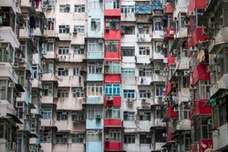Background of Hong Kong Residential flat Building. Traditional Crowded but colorful building group in Tai Koo, residential towers in an old community in Quarry Bay Hongkong, China 