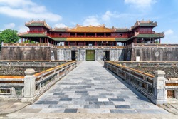 Wonderful view of the Meridian Gate to the Imperial City with the Purple Forbidden City within the Citadel in Hue, Vietnam. Hue is a popular tourist destination of Asia.