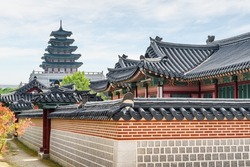 Awesome view of Gyeongbokgung Palace in Seoul, South Korea. Wonderful traditional Korean architecture. Seoul is a popular tourist destination of Asia.