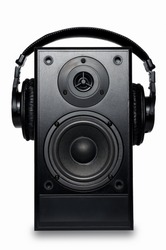 Black sound speaker on white background.