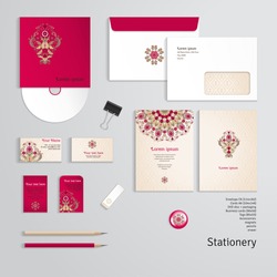 Vector templates. Beautiful floral pattern in vintage style. Simple delicate ornament.  Envelope, cards, business cards, tags, disc with packaging, magnet, pencils, eraser, clamp. Dimensions are given