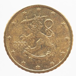 Finland - circa 2000: a 50 cent coin of Finland showing the heraldic animal of Finland the lion 