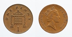 UNITED KINGDOM - CIRCA 1986: One penny coin from United Kingdom showing a portrait of Queen Elizabeth II and a crowned portcullis with chains above the denomination 