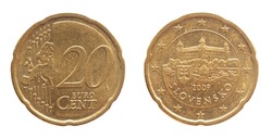 Slovakia - circa 2009: a 20 cent coin of Slovakia with the map of Europe and the national coat of arms and Bratislava Castle