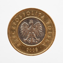 Poland - circa 2008 : a tow zloty coin of Poland showing the heraldic animal of Poland the eagle with spread wings and gold rim