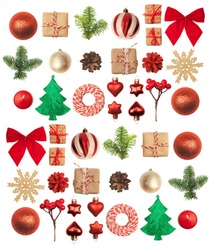 Christmas or New Year background: red and gold glass balls, fir tree branches, decoration and gifts on white background. 