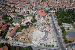 Istanbul landscape from helicopter. Marmara University Theology Faculty Mosque construction. Foundation construction. Shooting from the helicopter.