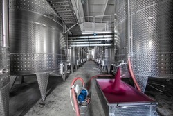 Winery producing wine, Grape ju in tank. Wine fermentation tanks. Wine fermentation process Red grapes in fermentation tank. Pouring wine from a tank.
