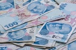 Turkish Lira banknote. 100, 200 Turkish lira. Bunch of Lira, isolated on white.