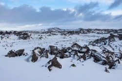 Beautiful winter landscape , snow covered lava field in Reykjanes Peninsula, Iceland