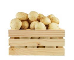 Wooden crate with potatoes isolated on white background