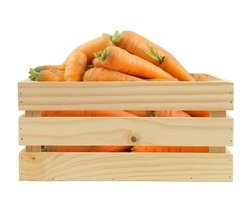 Wooden crate with carrot isolated on white background