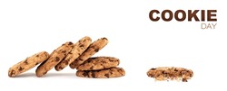Cookie day banner. Side view on collapsed stack of six yummy chocolate chip cookies next to a partially eaten one with crumbs, isolated on white background with copy space