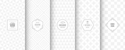 Soft delicate patterns. Set of seamless neutral vector patterns. Light mesh background. Geometric white patterns for silver luxury invitation, classic scrapbooking and gentle design. Light grey color