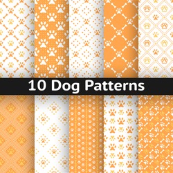 Set of dog seamless vector pattern of paw footprint in repeating rhombus. Orange and white colors.