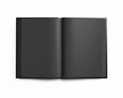 Open blank textbook with black pages isolated on white