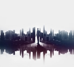 Double exposure concept with businessman and city