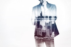 Double exposure concept with thinking businessman 
