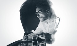 Portrait of stylish bearded lawyer wearing glasses and looking city. Double exposure, businessman working laptop at night, texting smartphone background. Isolated white. Horizontal, bw mockup