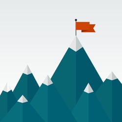 Vector illustration of success - top of the mountain with red flag. Flat illustration of a victory, goal achievement, getting things done.