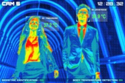 Simulation of body temperature check by thermoscan or infrared thermal camera for against epidemic flu covid19 or corona virus