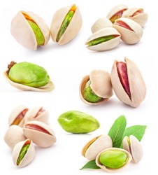 Collection of Pistachio nuts, isolated on white background