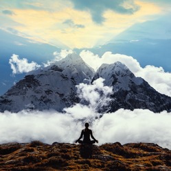Serenity and yoga practicing at himalayas mountain range, meditation 