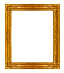 Golden wooden photo frame isolated on white background, designed for interior decoration.