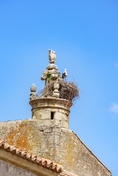 A Stork rests in its nest on top of a stone tower in Trujillo, Caceres, Spain