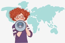 Young girl shouting on the megaphone. World map background